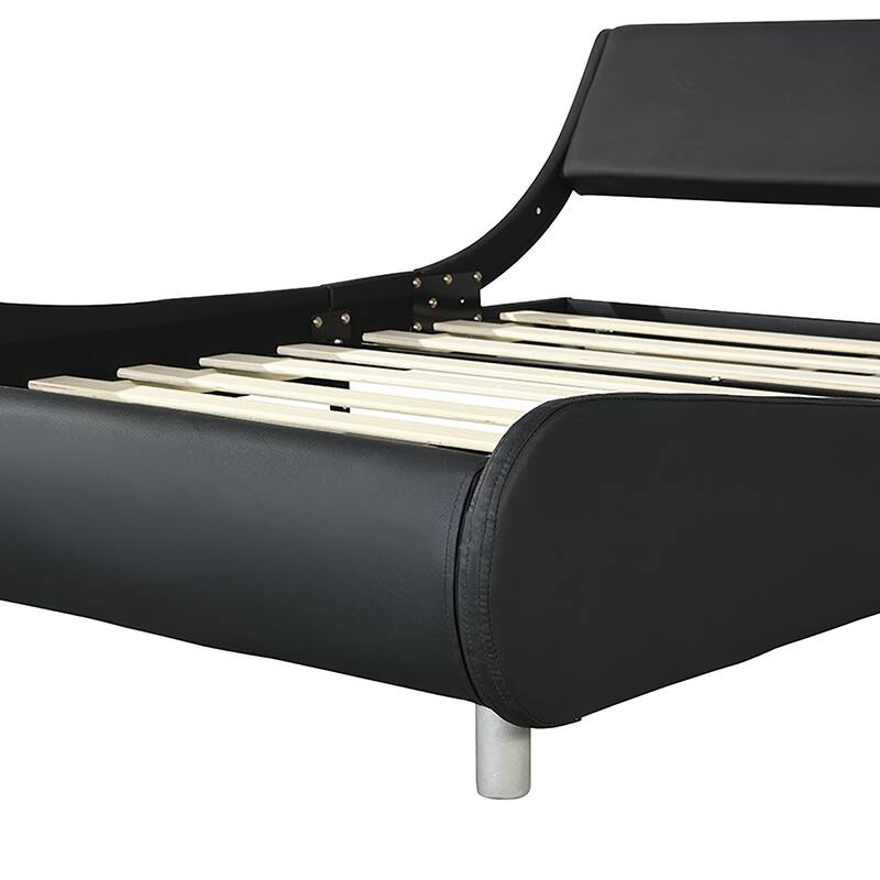 Queen Faux Leather Bed Frame with RGB LED Lighting, Remote/App Control, Wood Slat Support, Curved Design, No Box Spring Need
