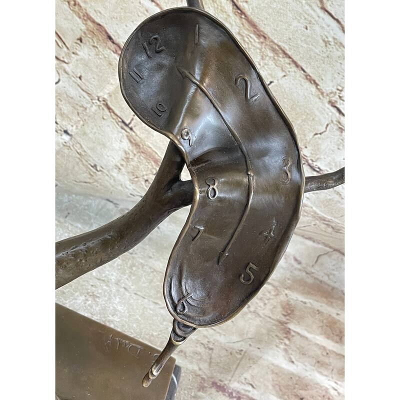 Bronze Surreal Melting Clock Sculpture Inspired By Dali On Marble Base