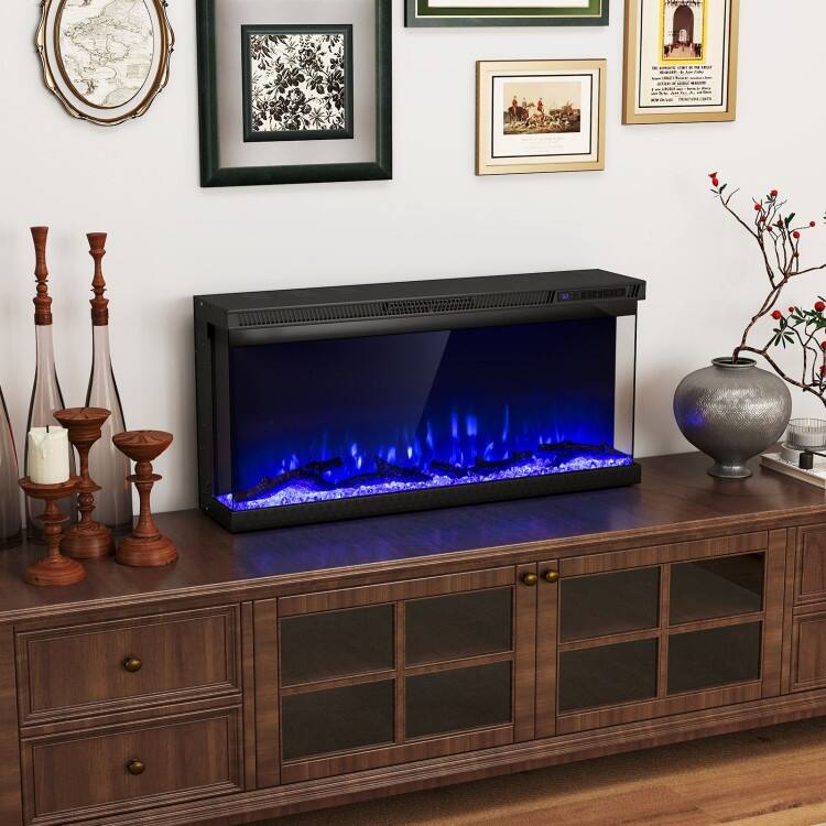 Black 3-Sided Electric Fireplace with Remote and Panoramic Tempered Glass Flames 5000 BTU Heater