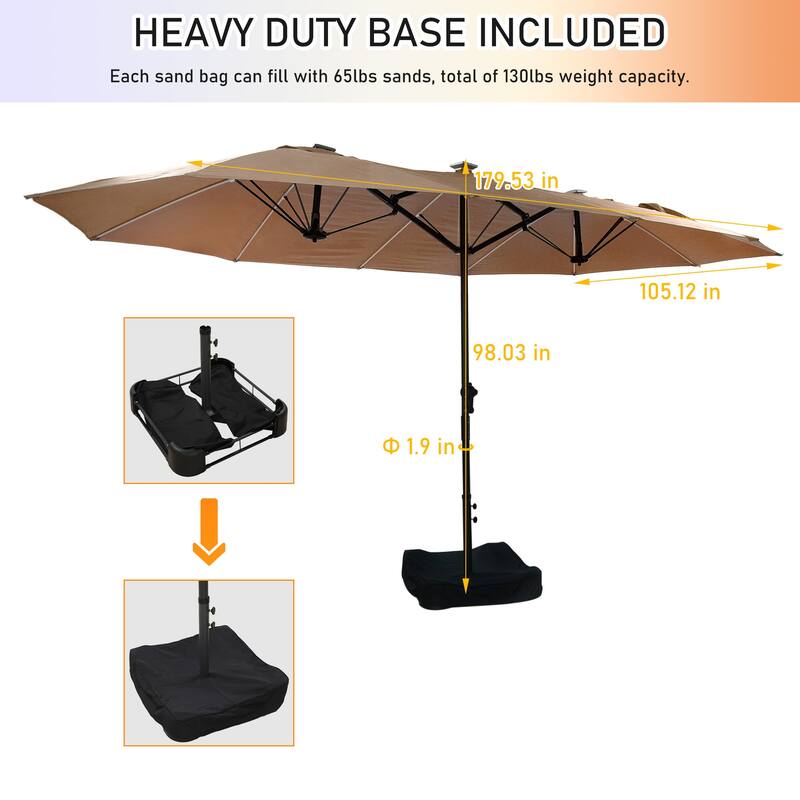 180'' x 108'' Rectangular Fiberglass Lighted Market Umbrella with Base