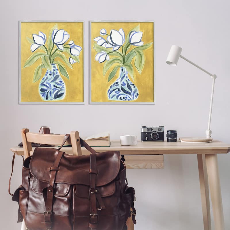 Stupell Tulip Vases on Yellow Framed Giclee Art Design By June Erica Vess (Set of 2)