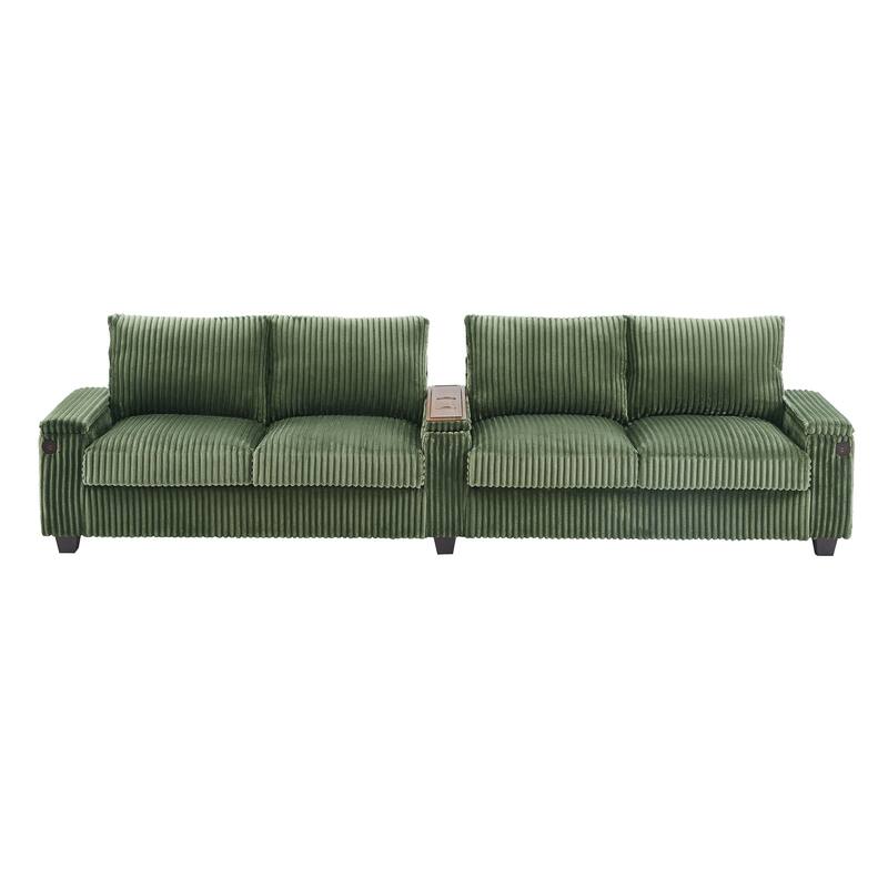 133" Corduroy 4-Seater Sofa with USB Ports, Flip-Top Cup Holders, and Hidden Storage