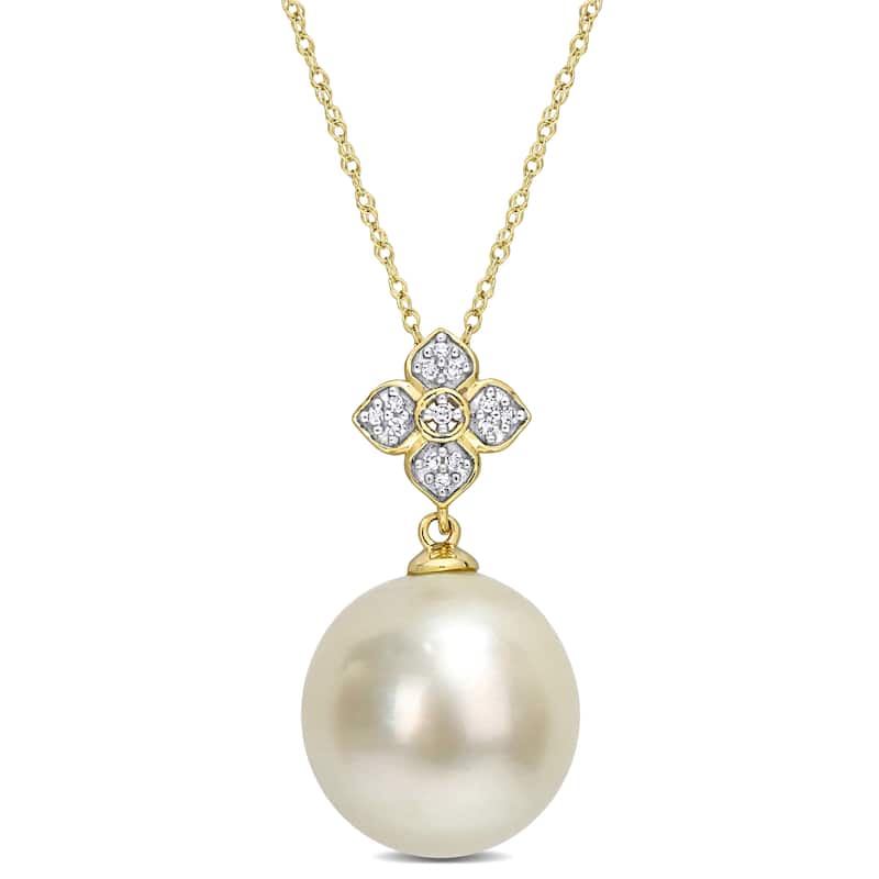Miadora White South Sea Cultured Pearl and Diamond Accent Pendant in 10k Yellow Gold (13-13.5mm)