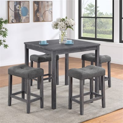5 Piece Counter Height 36" Pub Table Set with Tufted Gray Linen Stools