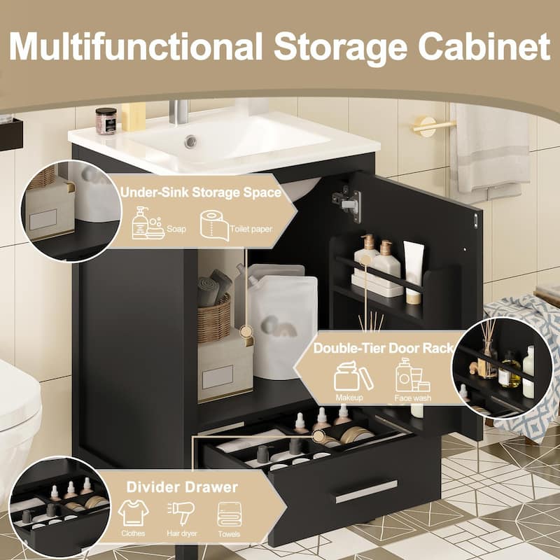 Modern Bathroom Vanity with Ceramic Sink - Soft-Close Drawers, Door Organizer, Divider Drawer