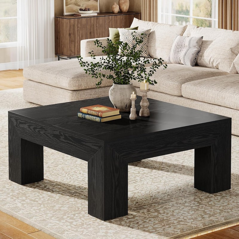 39.4" Square Coffee Table for Living Room, Farmhouse Center Cocktail Table (MDF) - 39.4" L x 39.4" W x 19.7" H - Black