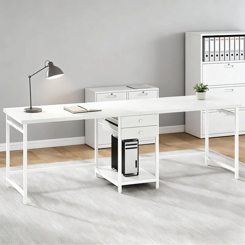 Extra-Large 2-Person Office Desk with Drawers, Open Shelf and Steel Frame