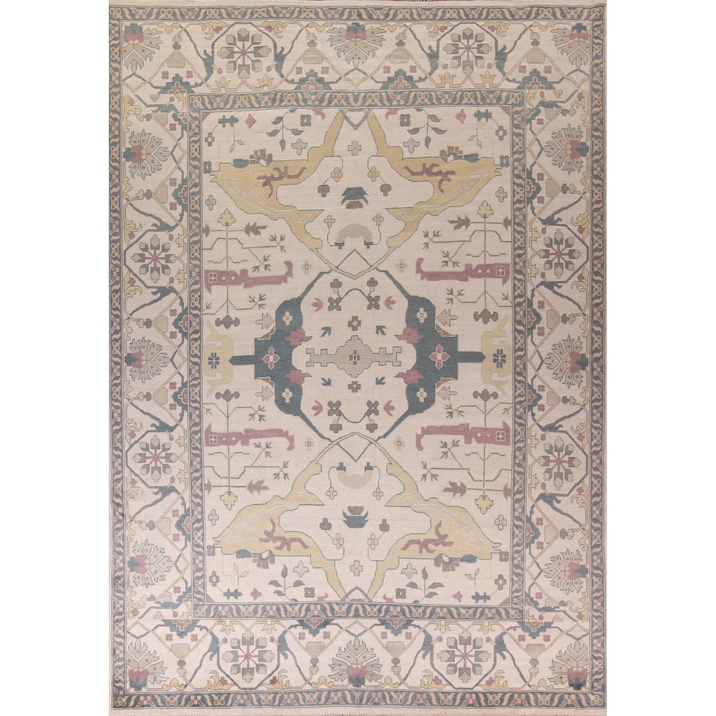 All-Over Ivory Oushak Indian Large Area Rug Handmade Wool Carpet - 12'0" x 14'10"