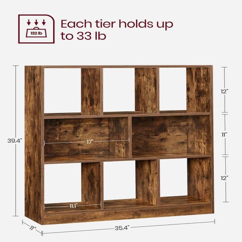Rustic Brown 8-Cube Bookshelf with Open Storage Compartments for Living Room Study or Office - 35.4"L x 11"W x 39.4"H