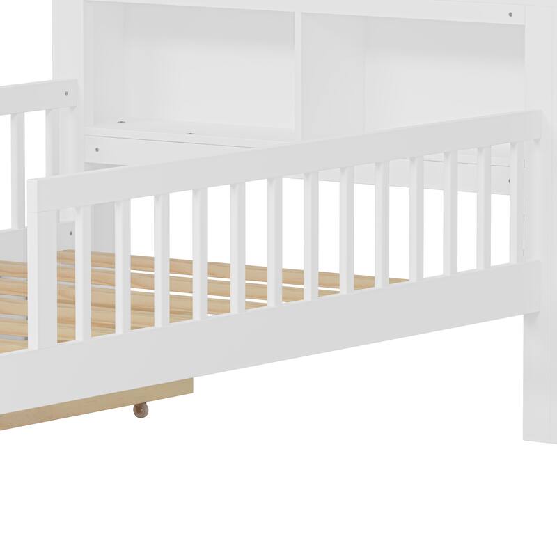 Twin Wood Storage Bed with 3-Side Guardrails, Underbed Drawers & Headboard Storage