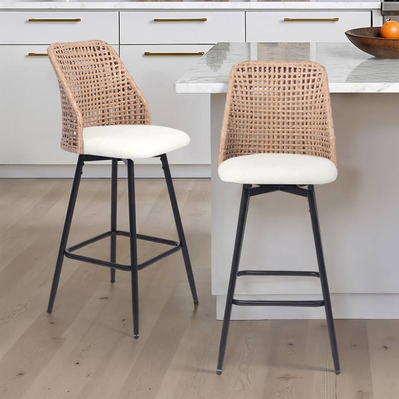 Chenille Counter Height Swivel Bar Stools Rattan Back with Metal Legs - Beige - Set of 2
