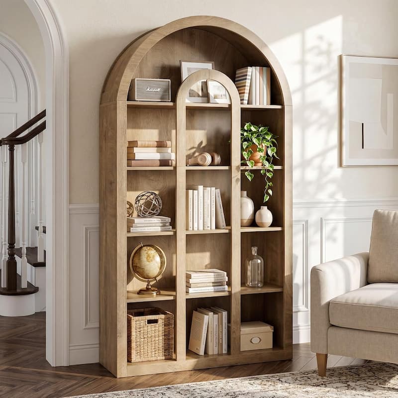 71-Inch Tall Arched Bookshelf with Open Shelves for Living Room, Office, Bedroom