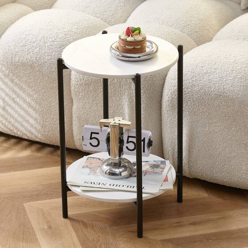 2-layer End Table with Whole Marble Tabletop, Round Coffee Table with Golden Metal Frame