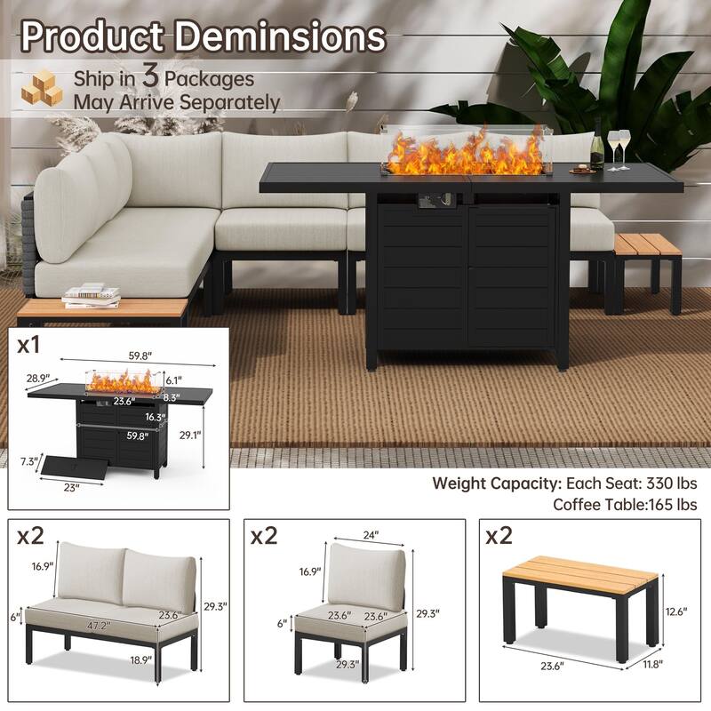 9 Pieces Outdoor Patio Furniture Set with Aluminum Fire Pit Table, Patio Fire Pit Set with 6" Thick Cushions - 9-Piece