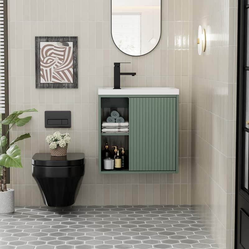 Single-Door Vertical Stripe Wall Cabinet with Integrated Basin - Green