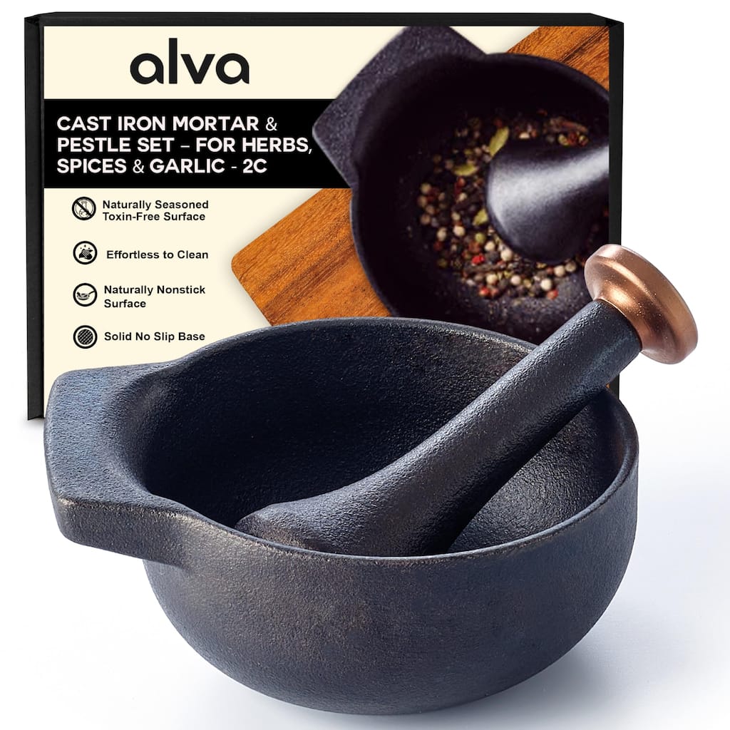 Alva Nori Enameled Cast Iron Mortar and Pestle Set 4" 2 C Nonstick Crusher - 4.3