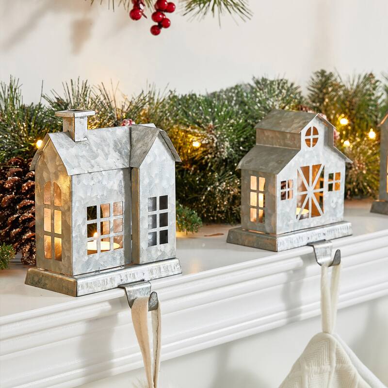Glitzhome 7.25" H Set of 3 Cute Heavy Duty Galvanized House Stocking Holders Mantel Ornament For New Year