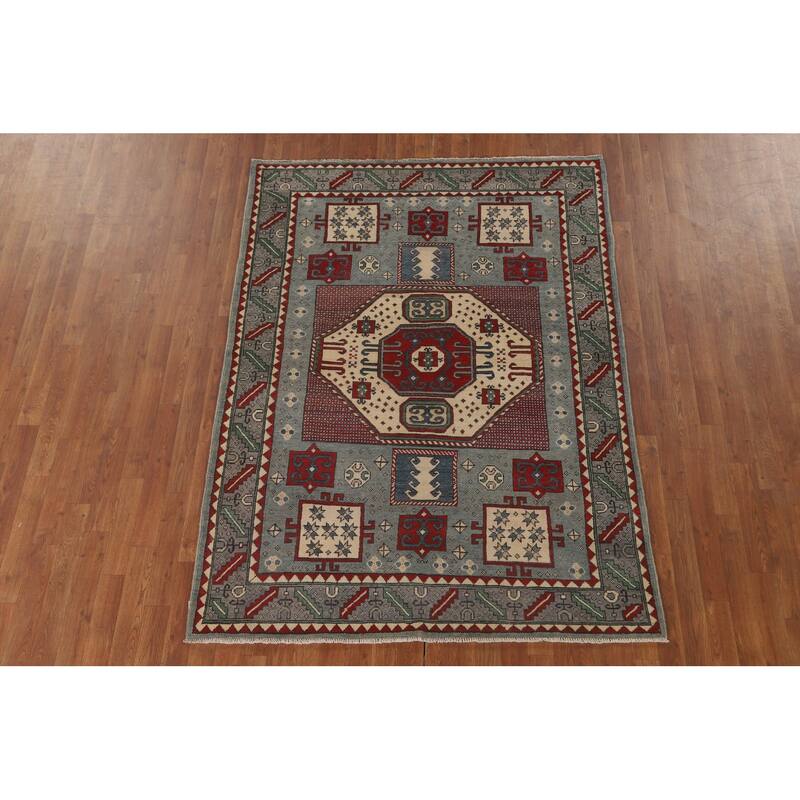 Geometric Kazak Oriental Rug Hand-Knotted Wool Carpet - 5'0" x 6'9"