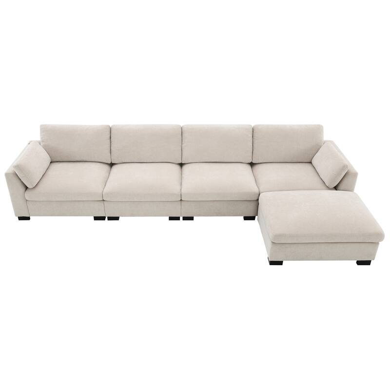 L-Shape Sectional Sofa with Folding Table, Dual-Port Charging, Side Pockets, 2 Pillows, Movable Ottoman, Chenille Modular Sofa