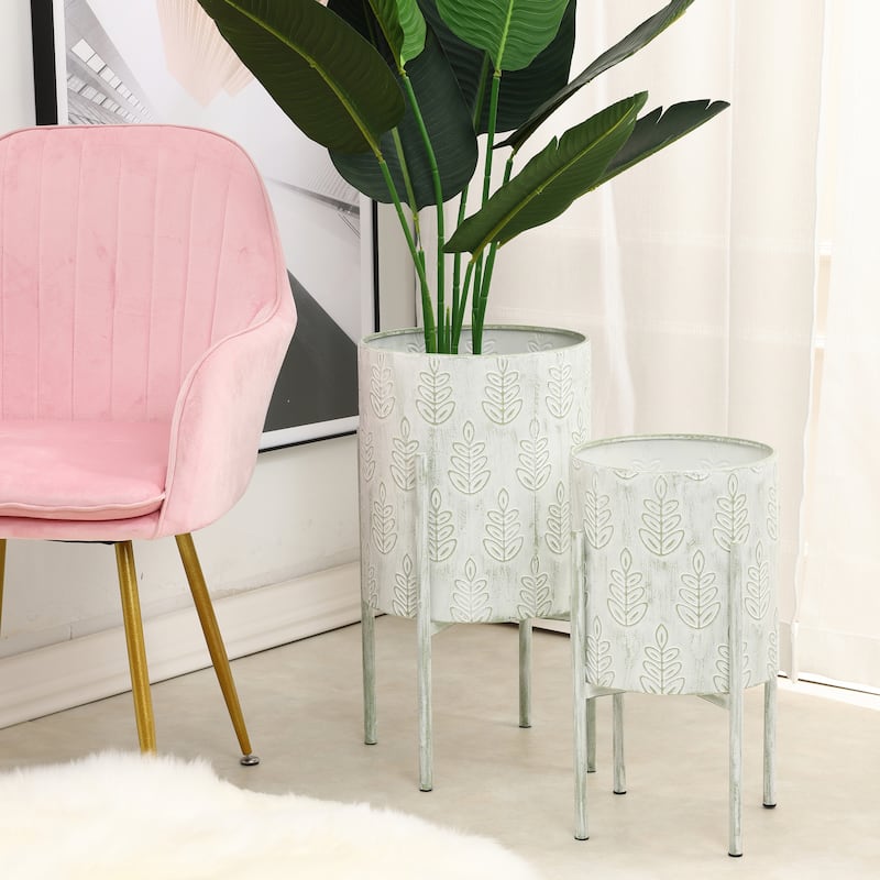 White and Sage Green Metal Leaf Cachepot Planters (Set of 2)
