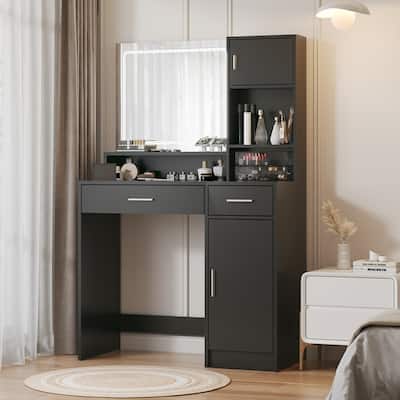 Dressing Vanity Desk with Drawer, Mirror & LED Light Strip, 3 Adjustable Brightness Modes