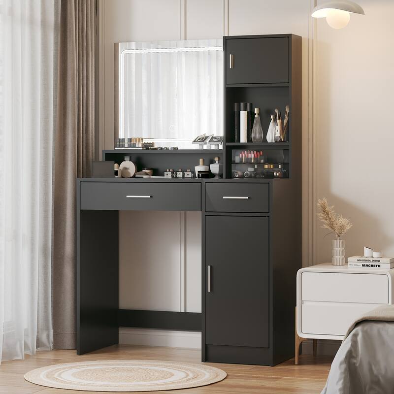 Modern Vanity Desk with Mirror, LED Light Strip and Storage - Black