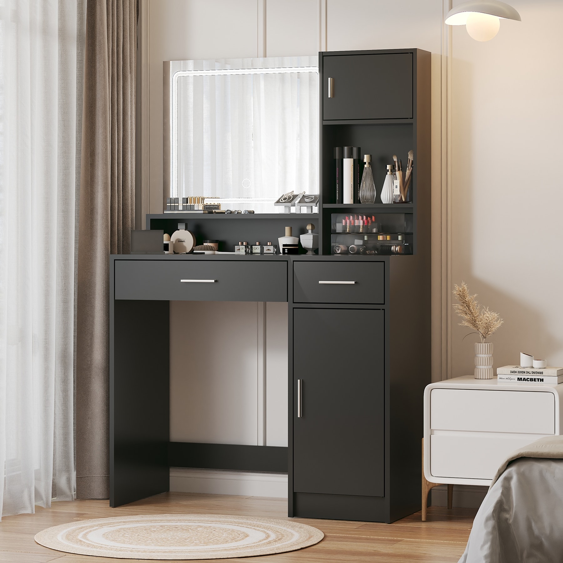 Roomfitters Vanity Desk with LED Lighted Mirror, Makeup Table with Drawers & Cabinet, Vanity Table with Storage