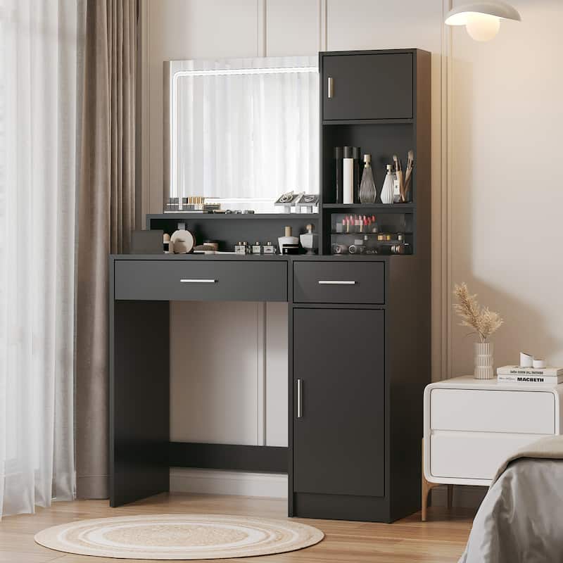 Vanity Desk with Mirror and LED Light Strip, Makeup Desk with Drawer, Dressing Table with Three Level Storage Dresser - Black