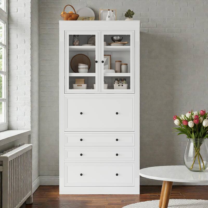 78" Freestanding Kitchen Pantry Cabinet with 3 Drawers, Glass Doors, Adjustable Shelves and Built-In Power Outlet - White