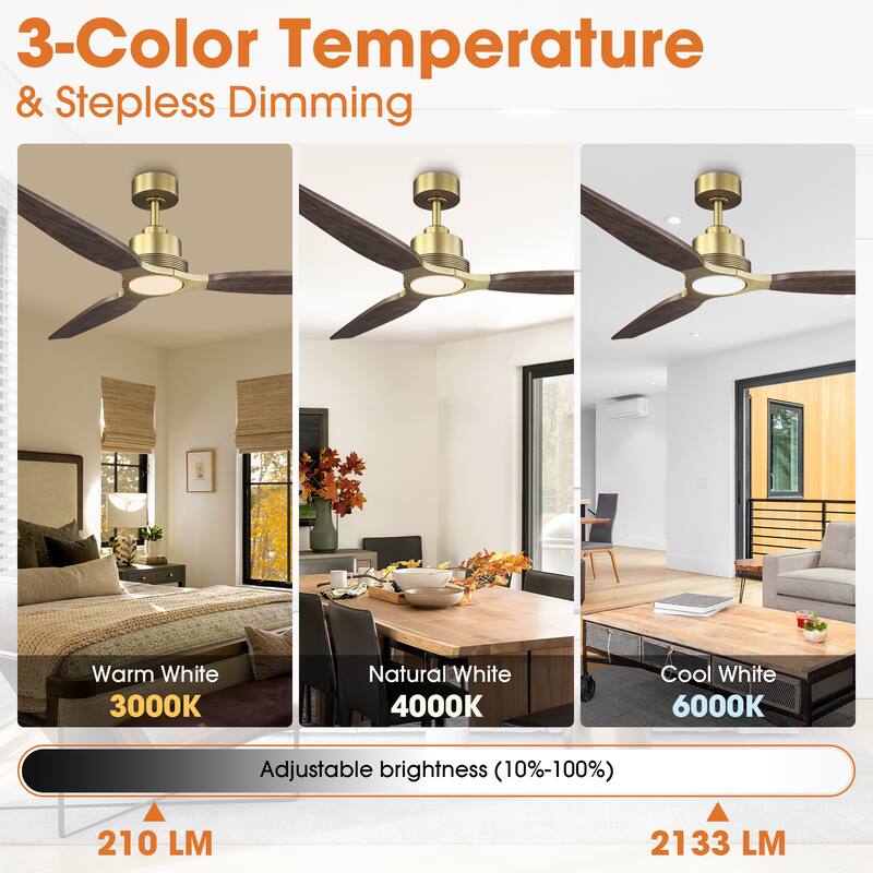 Parrot Uncle 56" Farmhouse Solid Wood Diammable LED Gold Ceiling Fan with Remote and Light