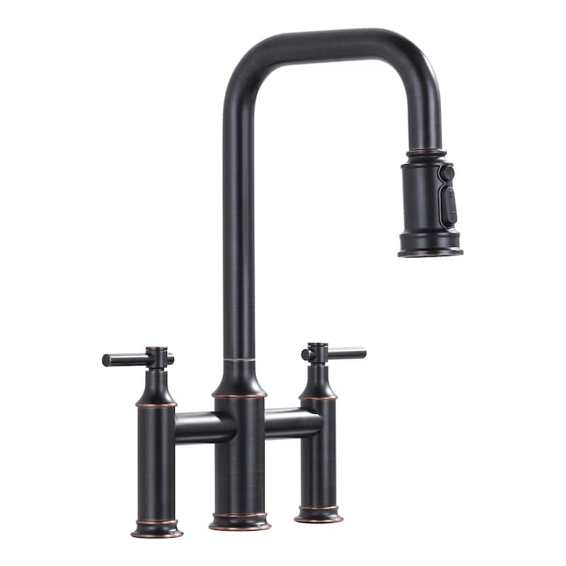 WOWOW Double Handle Bridge Kitchen Faucet with Advanced Spray - Oil Rubbed Bronze