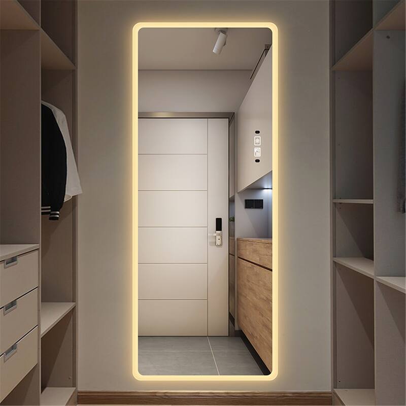 65'' x 22'' Rectangle Silver Rounded Corners Frameless Full Length Mirror with Dimmable LED Light