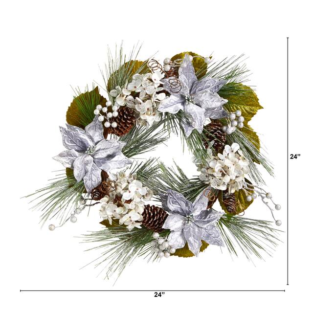 24" Silver Poinsettia, Hydrangea and Pinecones Christmas Wreath - Green - 24