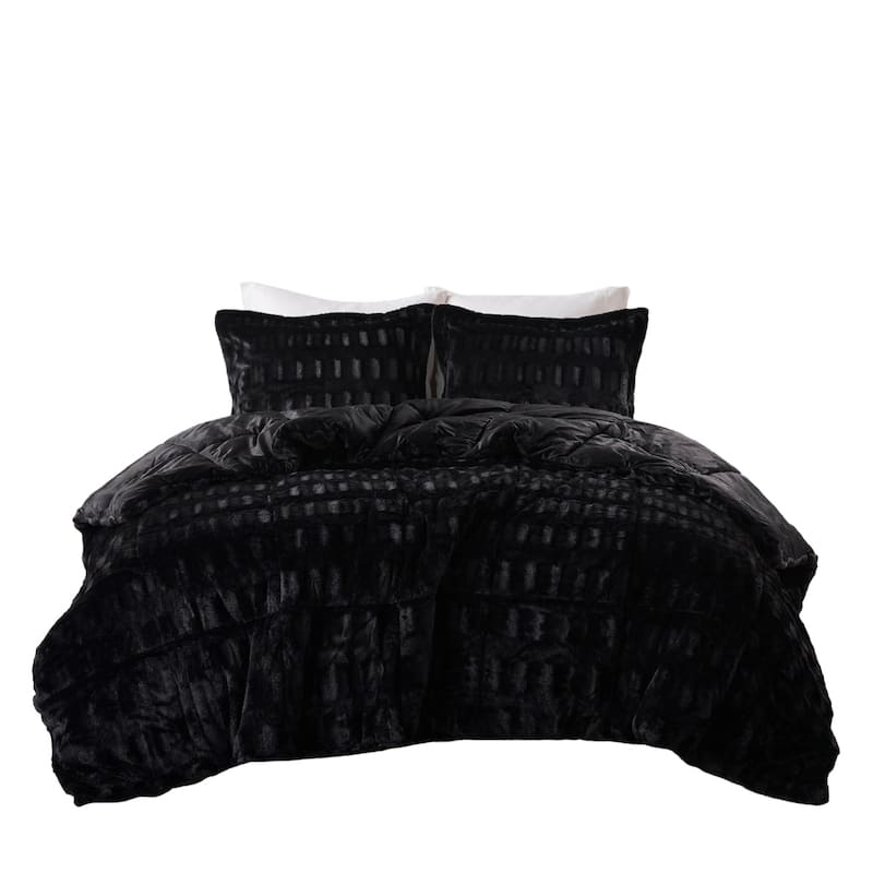 3 PCS King/Cal King Solid Faux Fur Comforter Mini Set Black