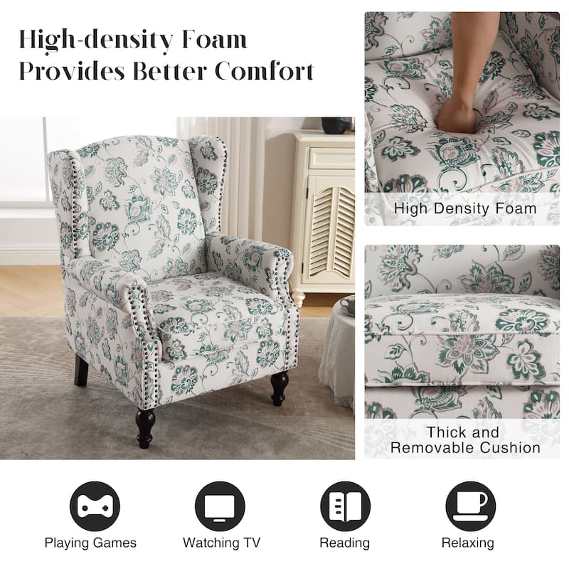 HOMYKA 29'' Wide Floral Pattern Wingback Accent Armchair with Nailhead Trim