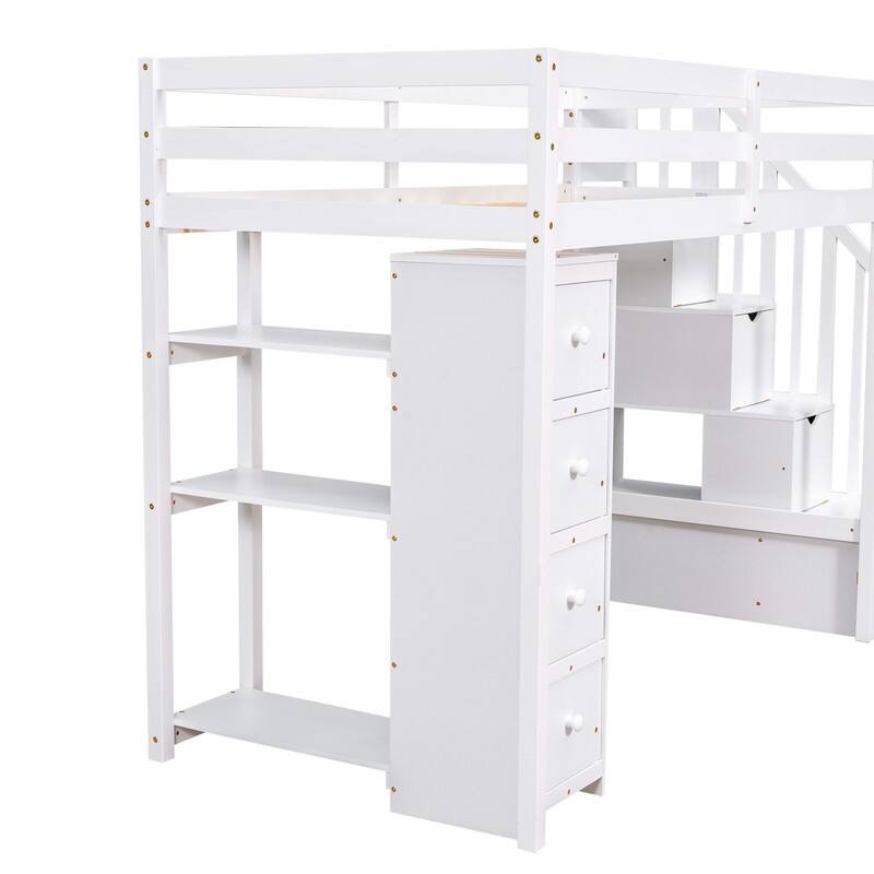 Twin-Size Loft Bed with Storage Drawers and Stairs, Wooden Loft Bed with Shelves for Teens
