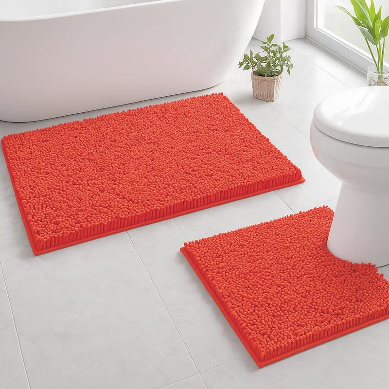 2 Piece Set Coral Soft Cozy Plush Chenille Bath Mat Bathroom Rug - Coral