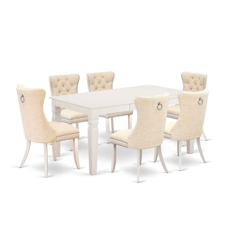 Modern 7 Piece Dining Set - Linen White Table & 6 Chairs - Farmhouse Kitchen Set