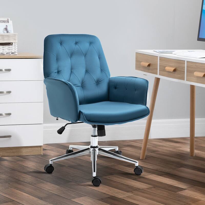 Vinsetto Modern Mid-Back Tufted Velvet Home Office Desk Chair with Arms, Swivel Adjustable Accent Chair with Soft Seat - Blue