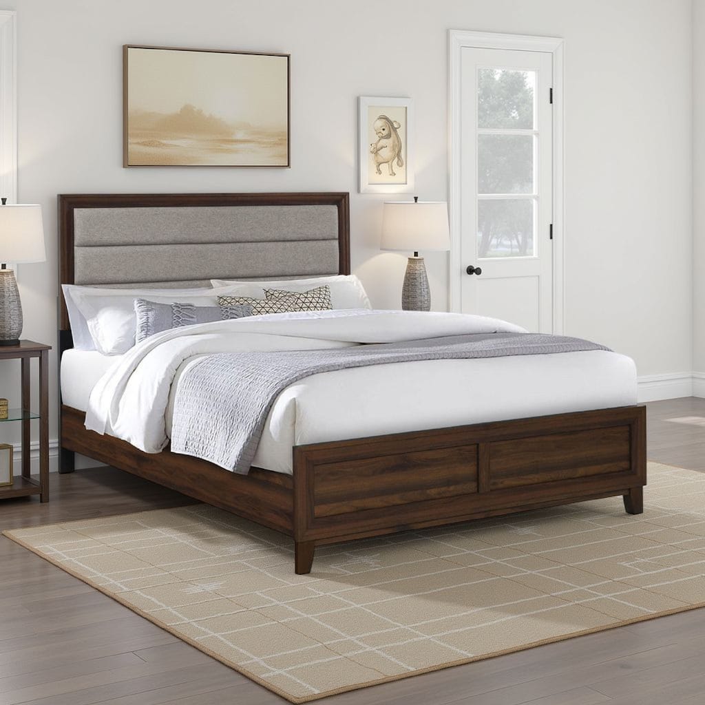 Yels Queen Size Bed, Channel Tufted Taupe Upholstery, Dark Brown Wood