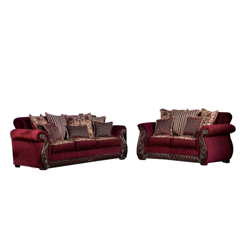 Nadira 2pc Sofa Loveseat Set, Wine Red Faux Leather, Gold, 5 Pillows