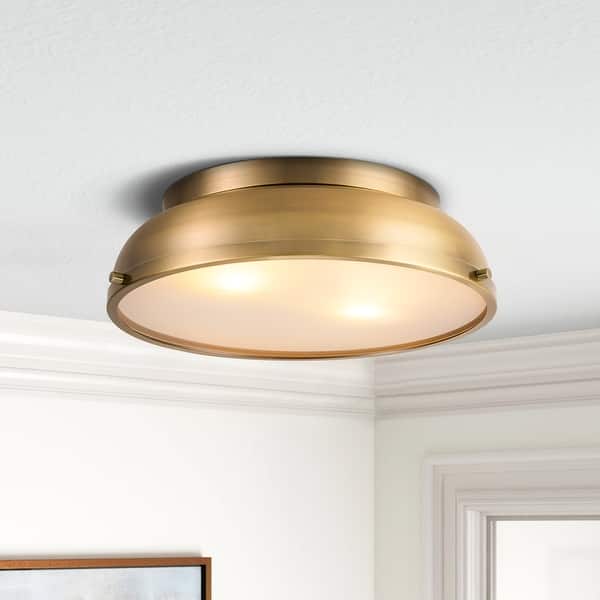 slide 2 of 9, 2-Light Modern Industrial Bright White/ Aged Bronze Frosted Glass Cone Dome Flush Mount Lights - 14.2 in. W x 4.3 in. H Gold