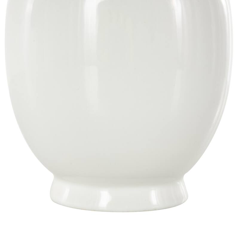 White Fabric Artificial Flower with Green Leaves and Round Ceramic Vase