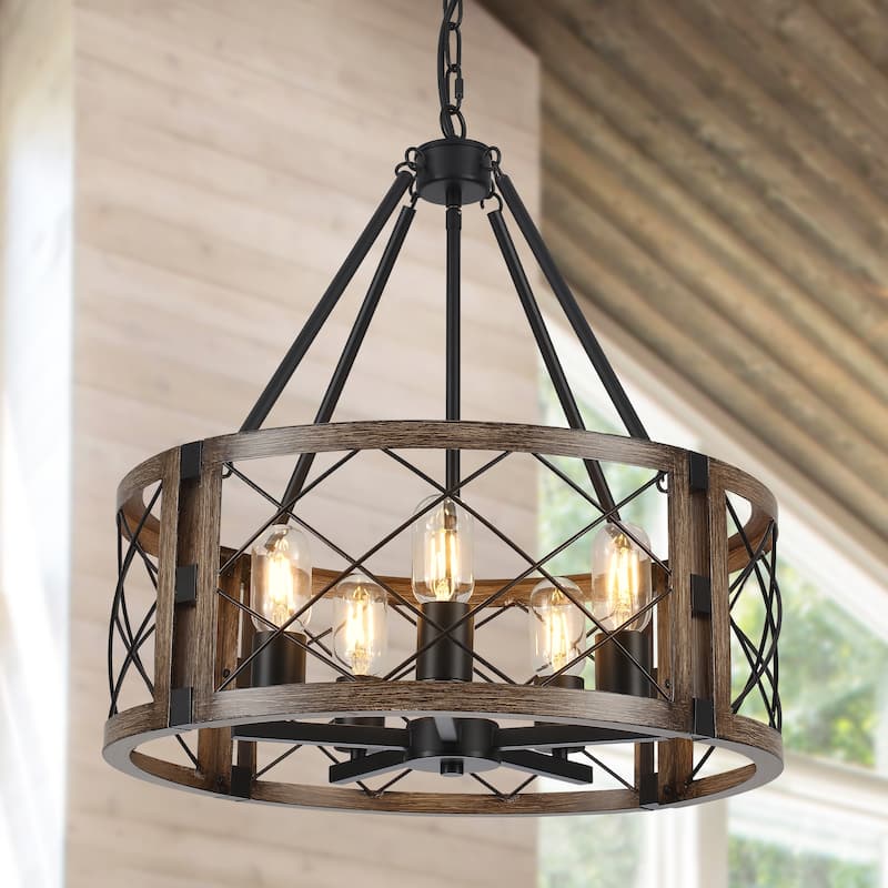 5-Light Rustic Drum Chandelier for Living Room Kitchen with No Bulbs Included - Brown/Black