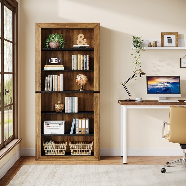 74.4'' Tall Bookcase with Storage Shelves, 6-Tier Wood Bookshelf