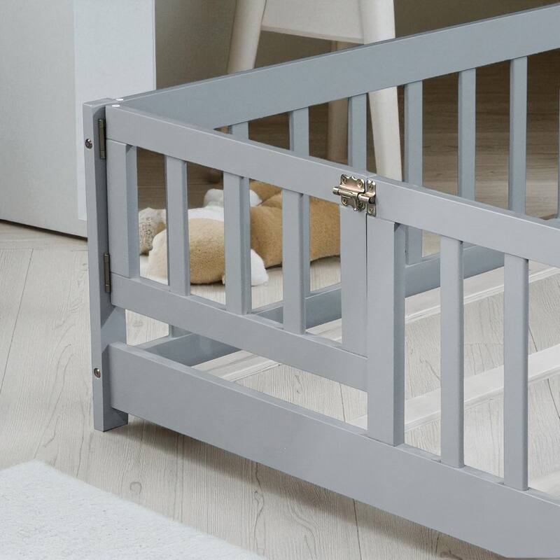 Full Size Rubber Wood Floor Bed with Fence, Door and Safety Guardrails for Kids