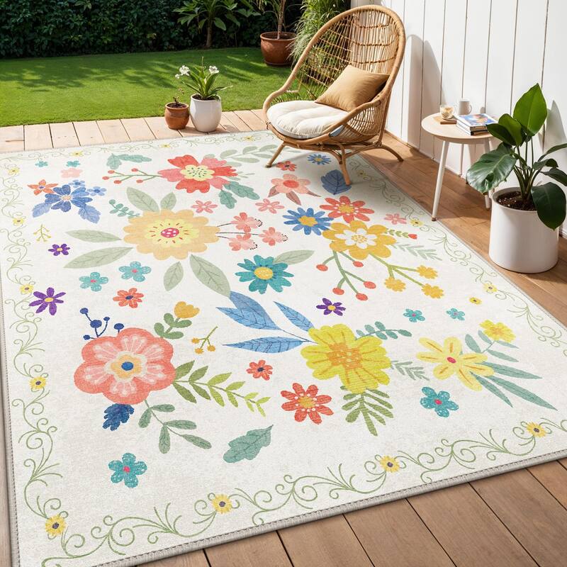 Mcow Quick-Dry Low-Pile Non-Slip Washable Indoor Outdoor Area Rug - 5' x 7' - White/Center Piece - Rectangle