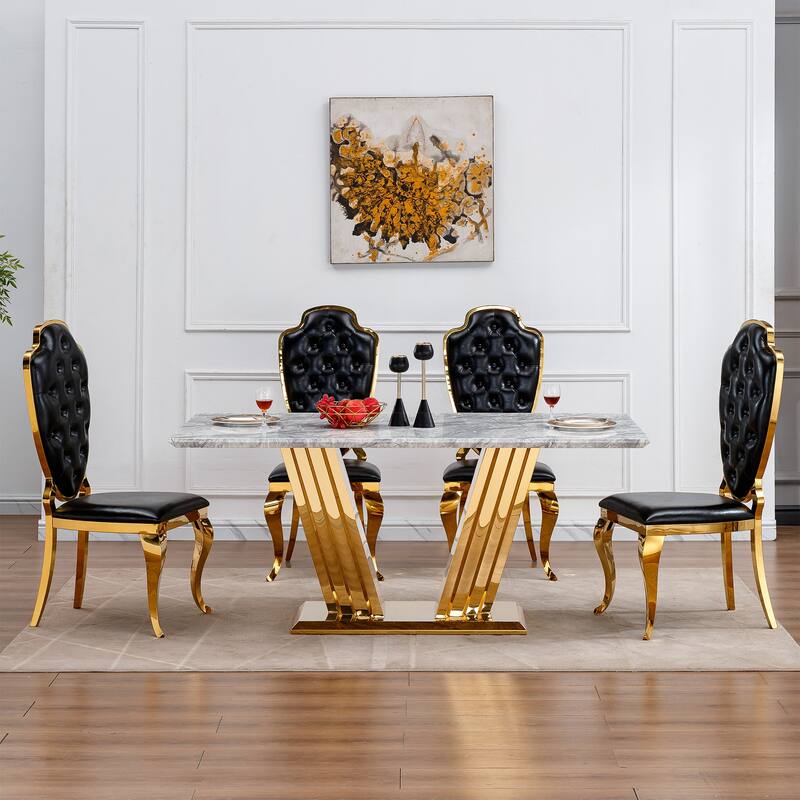 70'' Rectangle Faux Marble Dining Table with Mirrored Finish Stainless Steel Base - Grey+Gold