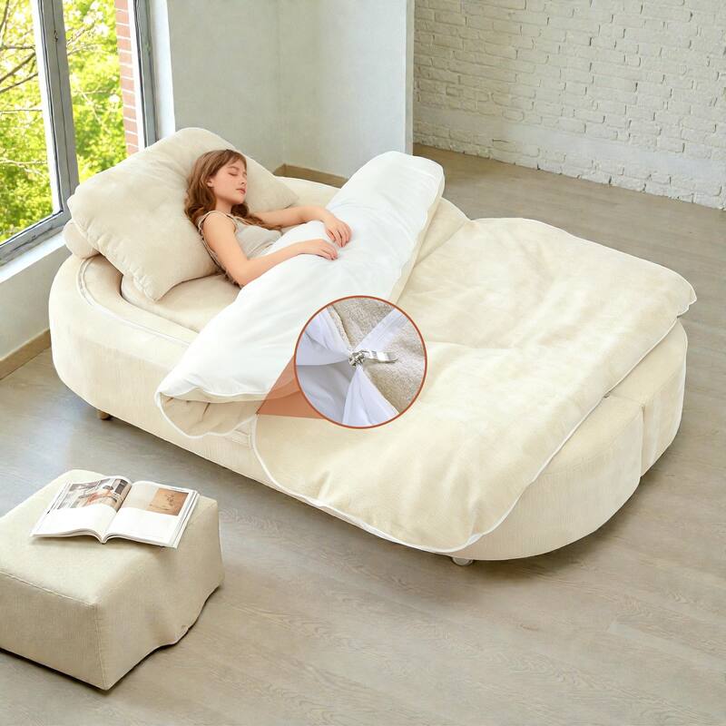 Modern Convertible Floor Sofa Bed with Pillows, Corduroy Foldable Sleeper Sofa Mattress with Built-In Quilt, No Assembly