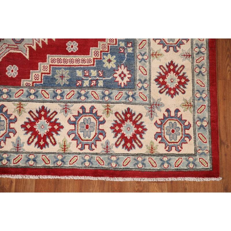 Red Kazak Area Rug Hand-Knotted Geometric Wool Carpet - 6'8" x 9'11"